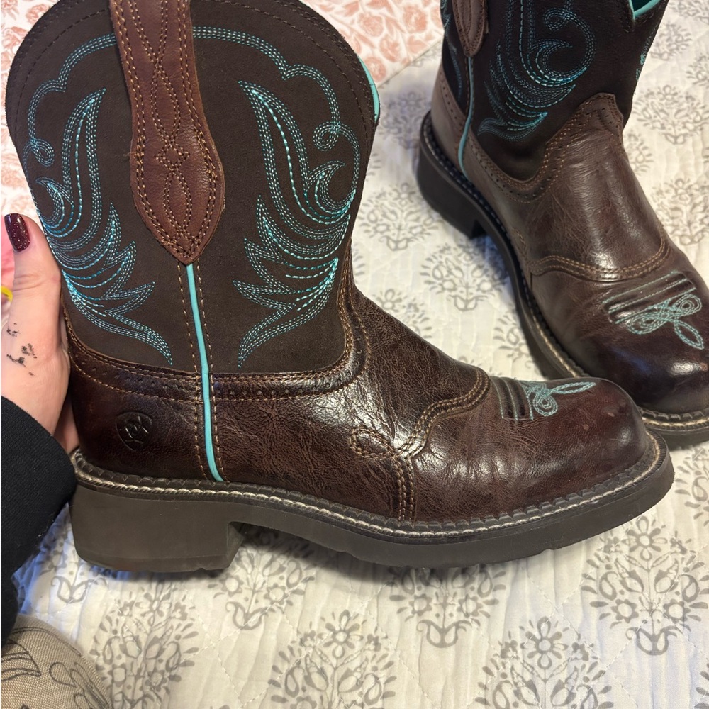 Brown Leather Western Boots with Turquoise Stitching